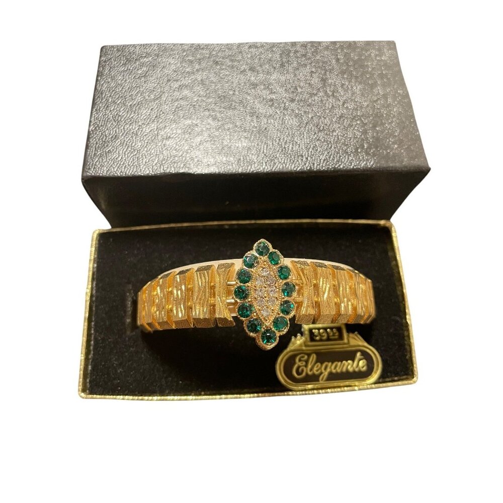 1970s Cuff Bracelet By Elegante Emerald Green Rhinestone Gold Tone-NOS MCM